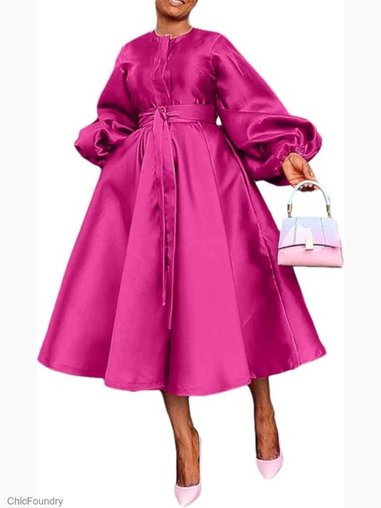 Satin Long Sleeve A-Line Maxi Dress With Pockets